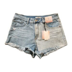 NWT Happily Grey Shorts Size 7/28 Two Tone Denim Distressed Fringe Festival